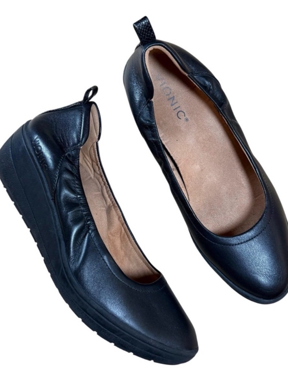 Vionic Black Leather Slip-On Ballet Flats with Low Wedge